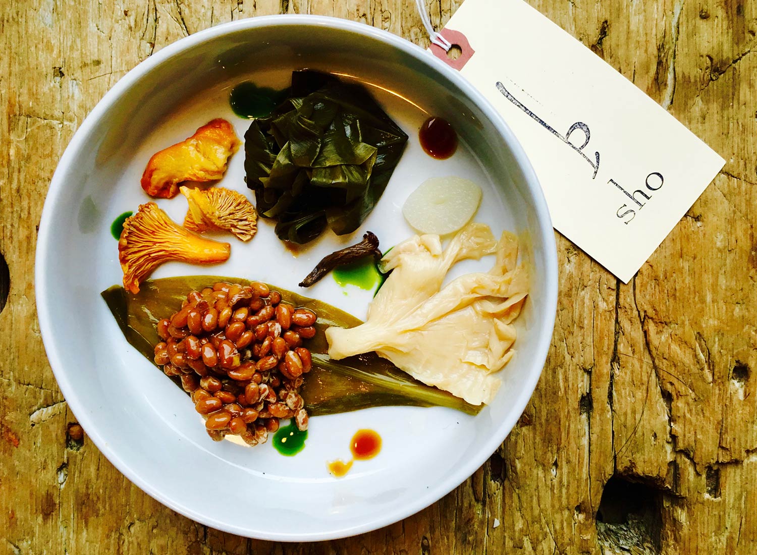 Food Lab at SHO: vegan gastronomy in a cold climate | fermented ramp leaves, oyster mushrooms, black trumpets, chanterelles with chive oil & vermont natto